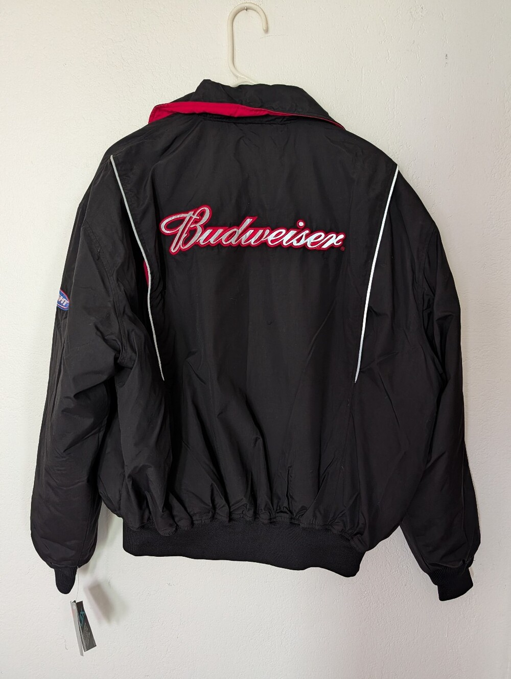 Vintage Budweiser Bud Light Racing Bomber Jacket Size Large Reflective Logo